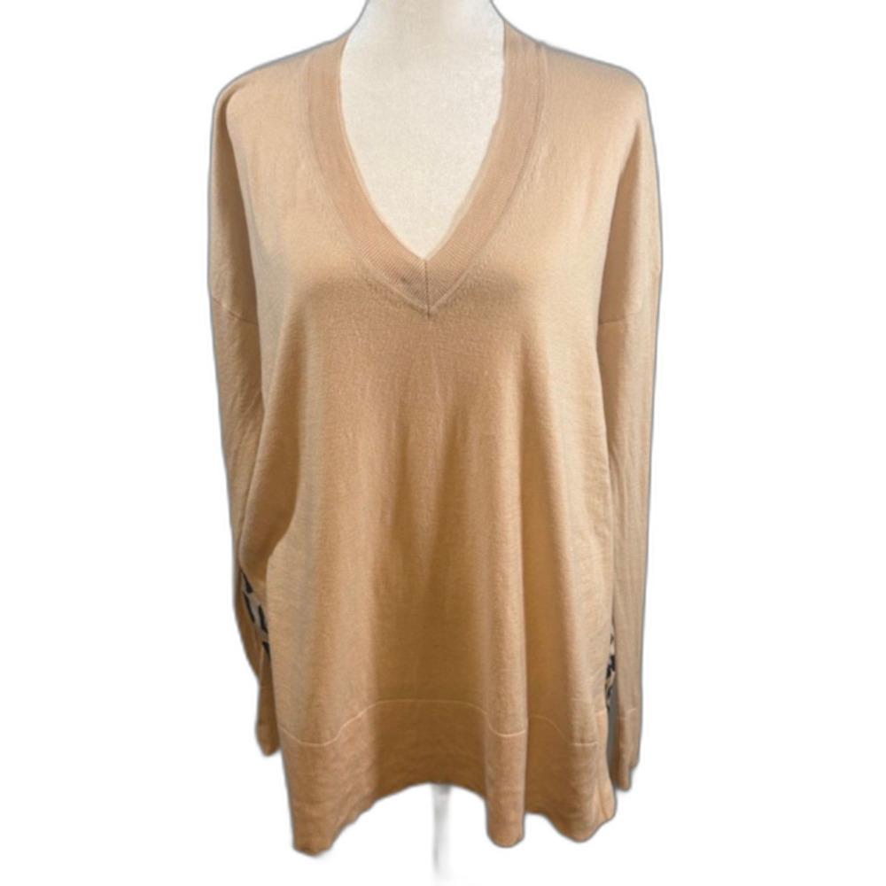 Derek Lam 10C Crosby Mixed Media‎ Sweater XL Leopard Print Beige V-Neck Designer